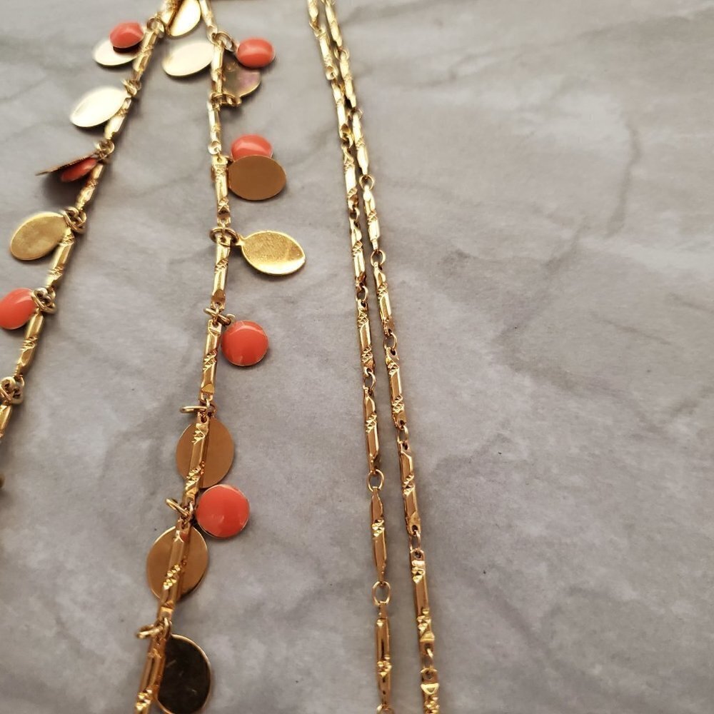 🧡 J.Crew Bright Orange Enamel Disk Gold Long Necklace 🧡 - Picture 6 of 8